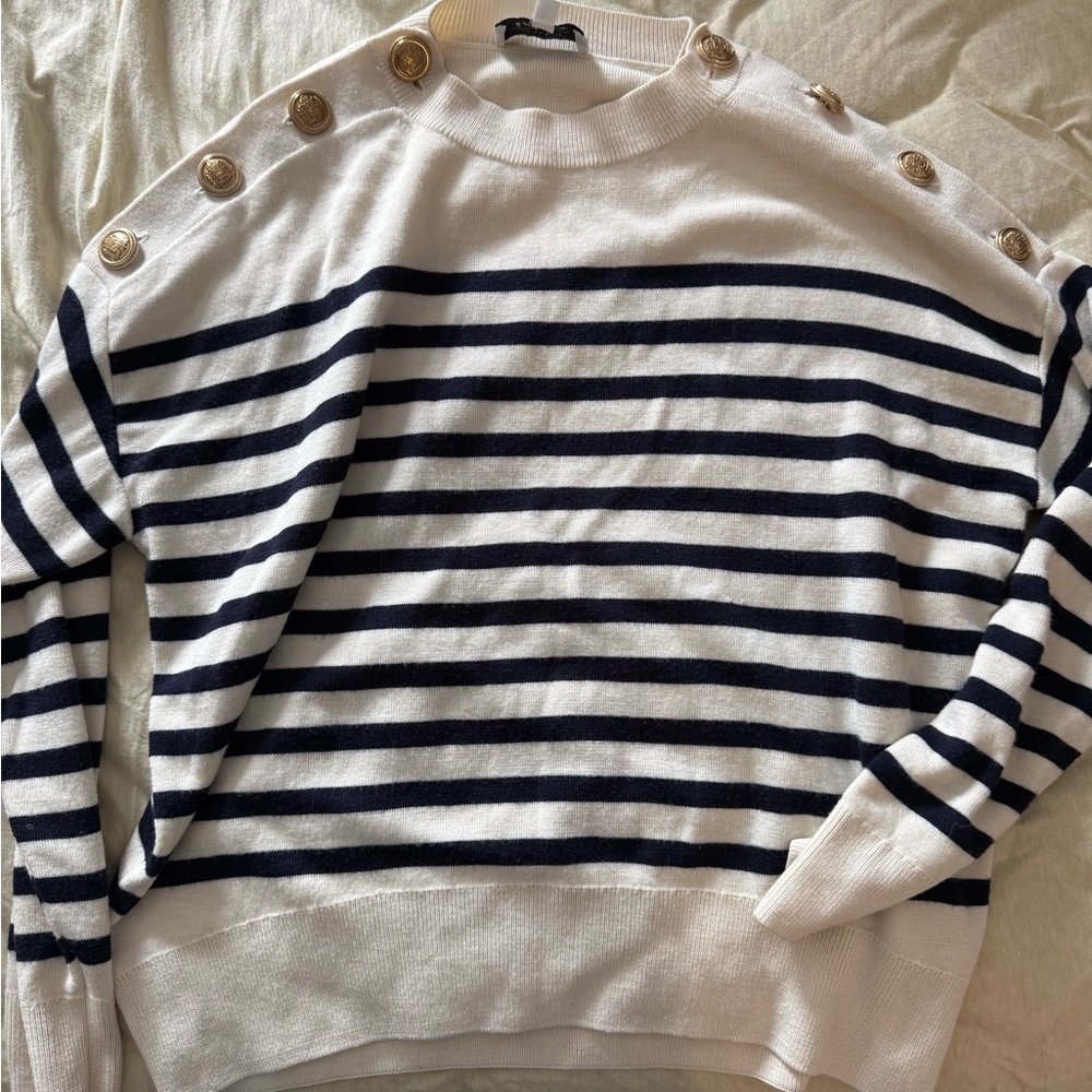 & Other Stories Navy Striped Sweater with Gold Buttons
